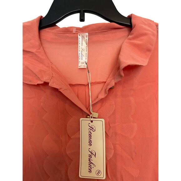 Roman Fashion Sheer Long Sleeve Womens Button-Up Blouse 1X Coral Polyester - Picture 4 of 5